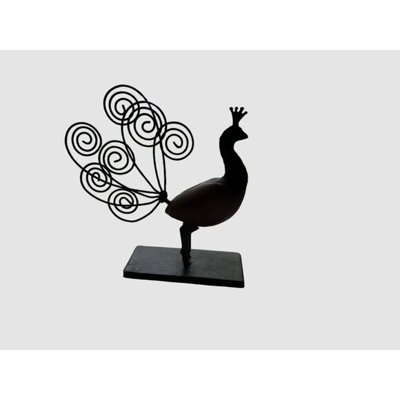 Peacock Wood Metal Figurine Sculpture on Base Decorative Desk Note Holder - Picture 4 of 5